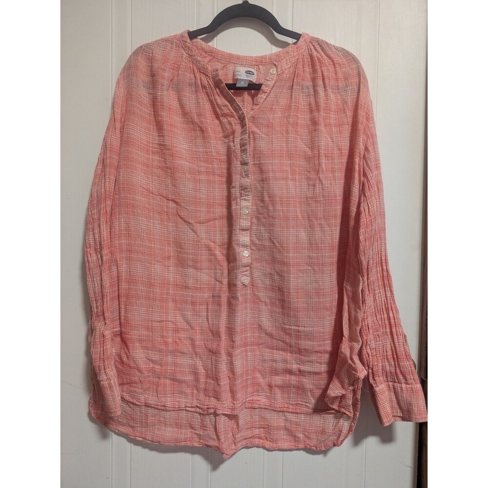 Old Navy Women's XL Pink White Plaid Woven Cotton V-Neck Button Tunic Blouse